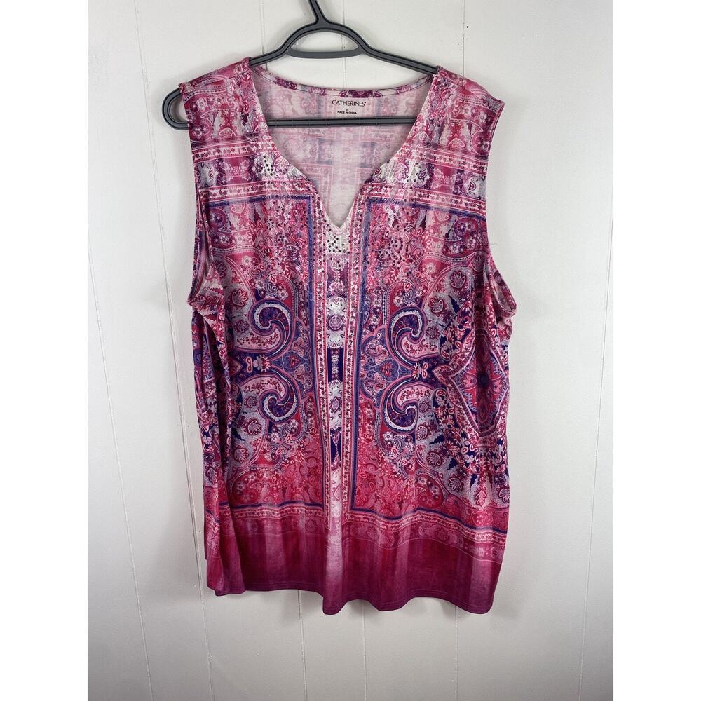 Catherine’s Pink Blouse Geometric Print Gem Fairy Spring Summer Popover 2X